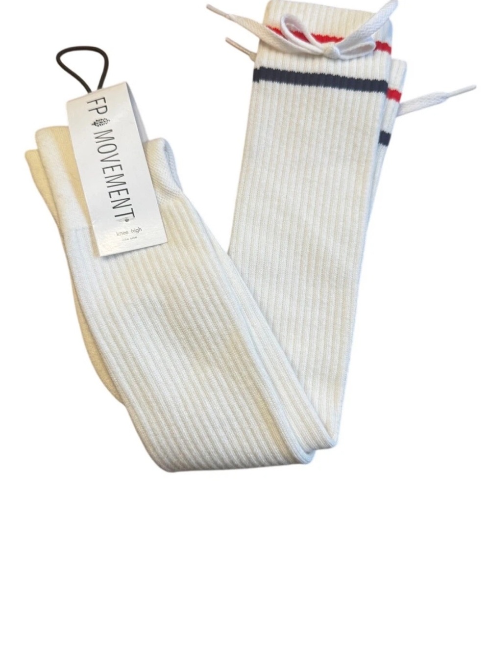 NWT Free People Knee High Athletic Socks White Stripes Bow Laces OS